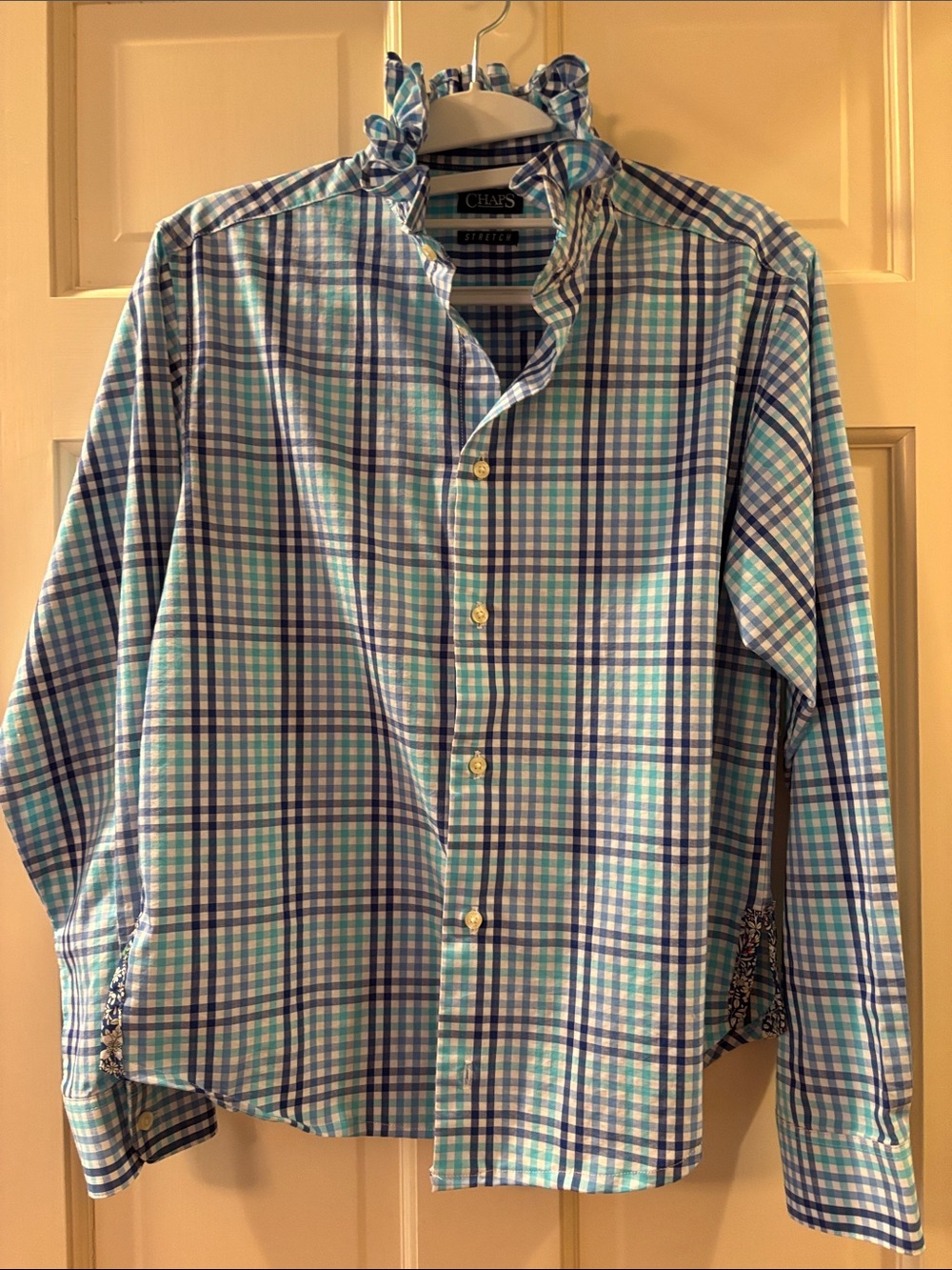 Upcycled Chaps Blue & Teal Plaid Casual Button-Down Shirt